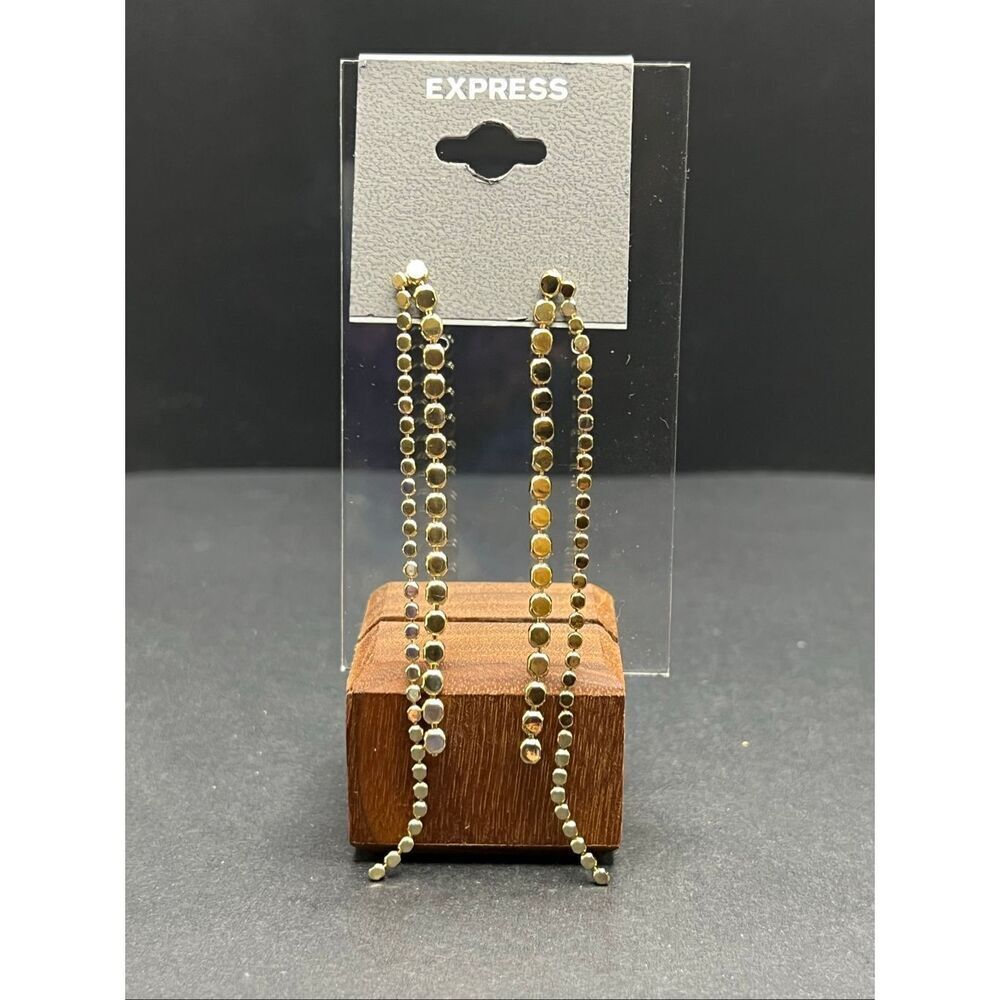 New Express Gold Tone Circular Flat Metal Delicate Bead Chain Long Drop Earrings